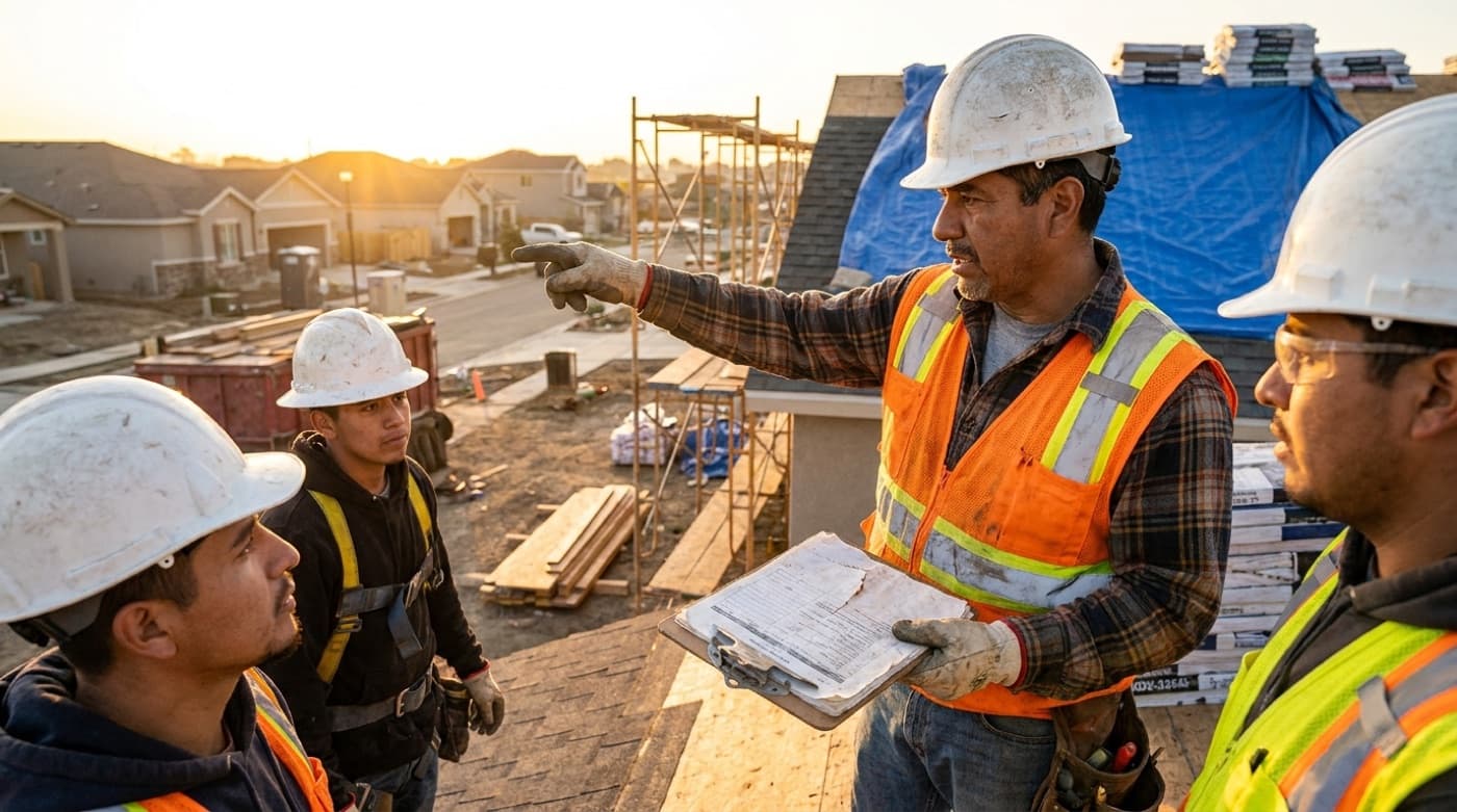 Foreman briefing his crew over a printed safety plan at a jobsite