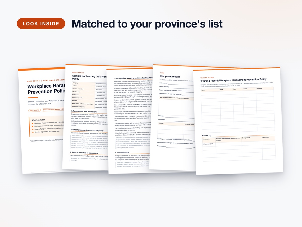 Workplace Harassment Policy (by province) inside pages