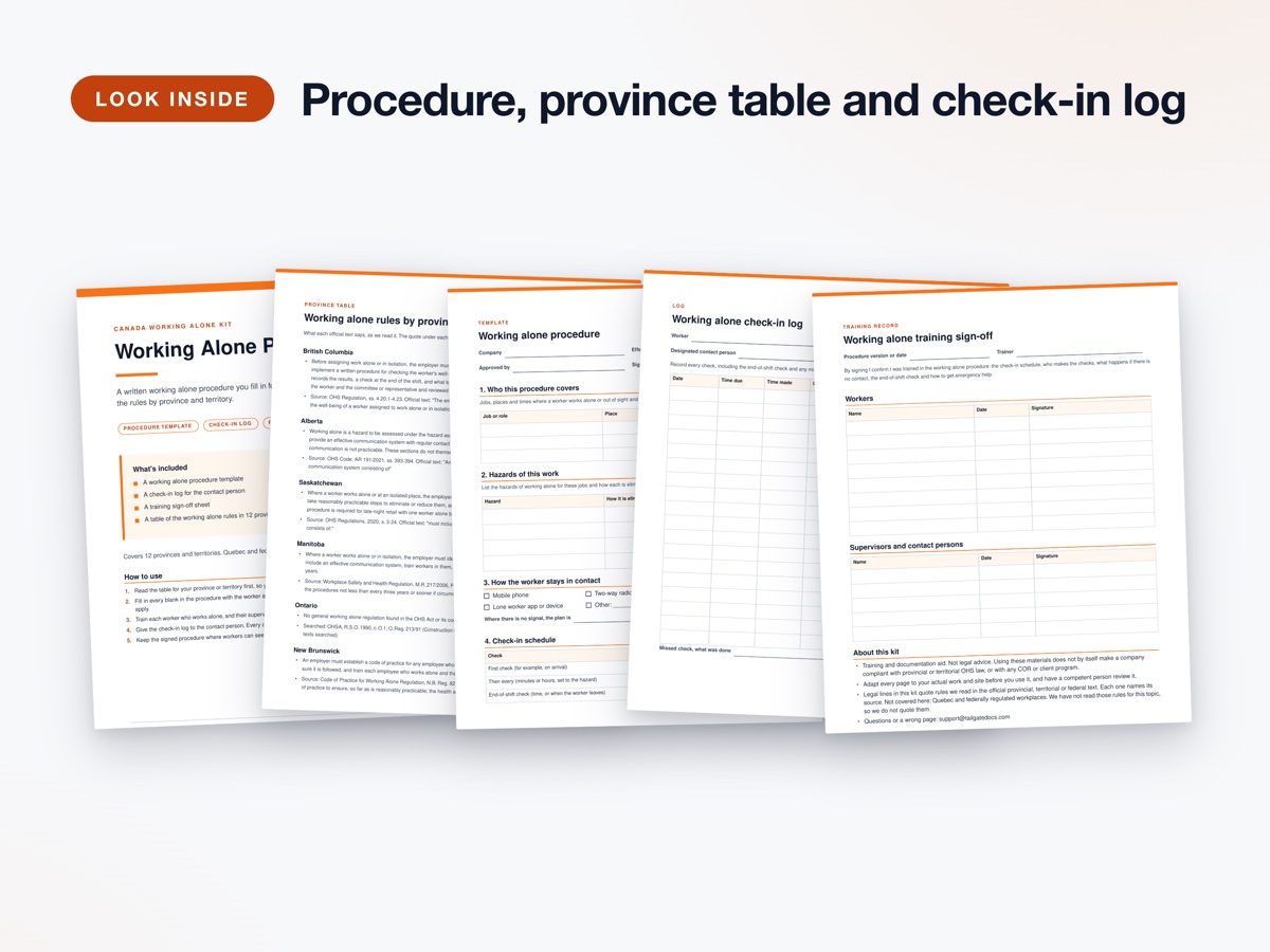 Working Alone Procedure Kit inside pages